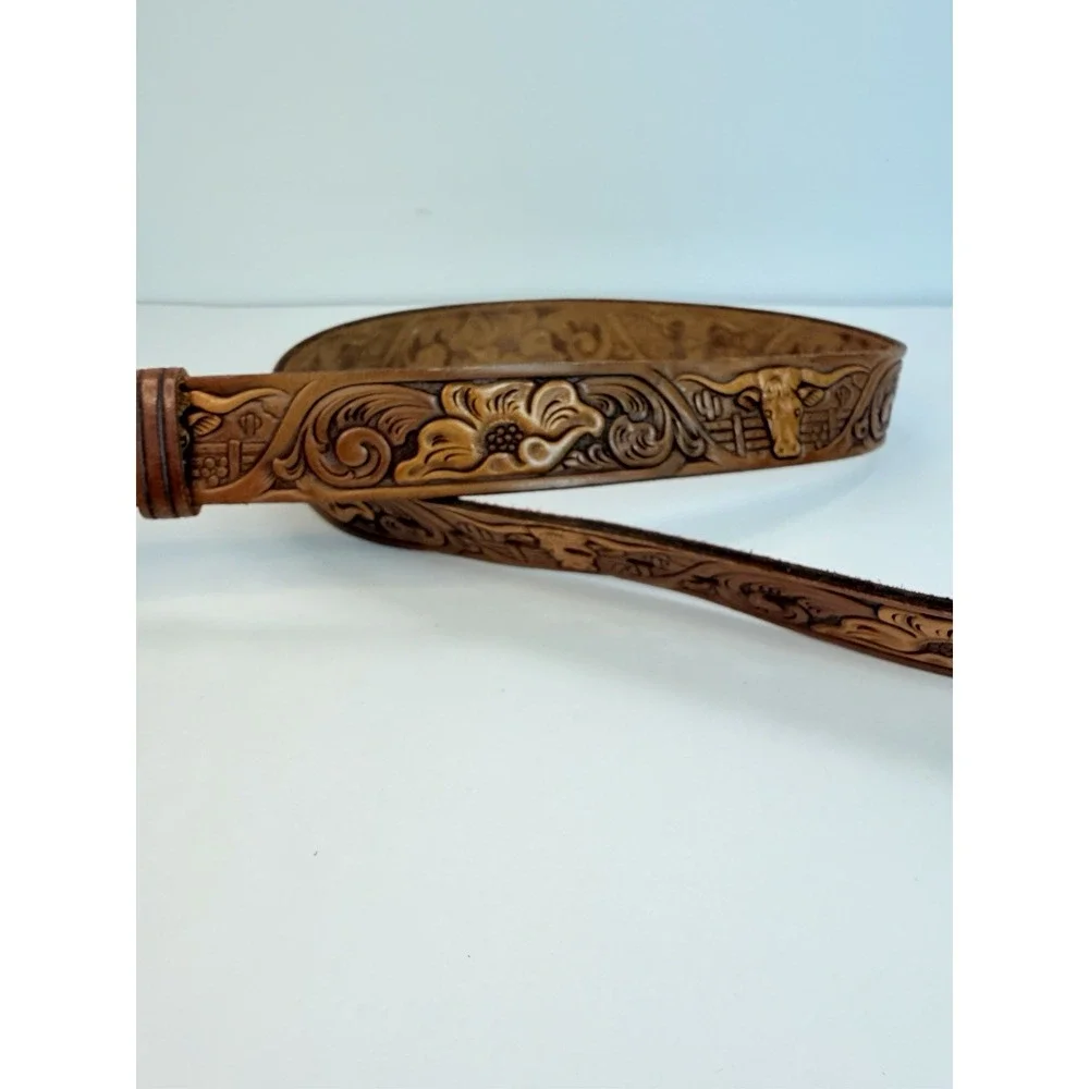 Leather Tooled Belt Hand Painted Steer Floral  Size 36 Vintage Western